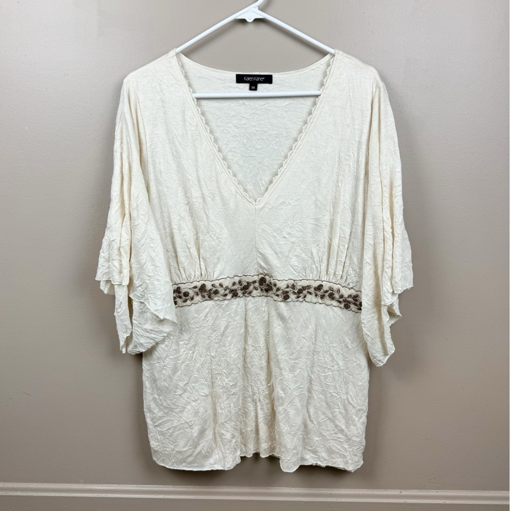 Karen Kane Cream V Neck Floral Crinkle Flare Sleeve Top Size 2X